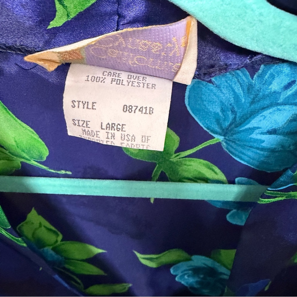 California Dynasty Vintage 80s Satin Floral Kimono Robe Navy Blue Green Sz L - Picture 6 of 8
